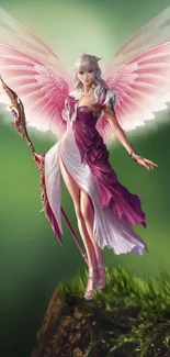 Beautiful angel with pink wings on green background in fantasy art style.