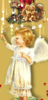 Angel-themed wallpaper with cherub, stars, and hearts on a golden background.