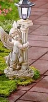 Angel statue in a lush garden with a pathway, under a serene sky atmosphere.