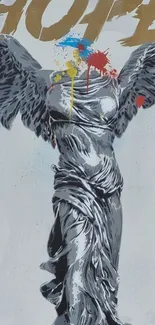 Gray angel graffiti with colorful splashes on a mobile wallpaper.