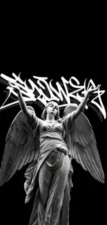 Stone angel with graffiti on black background, stylish mobile wallpaper.