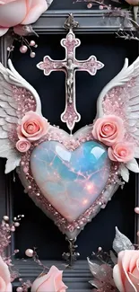 Whimsical angel heart with pink roses and cross.