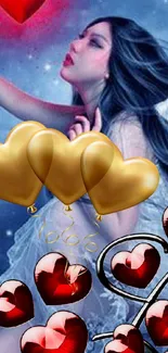 Ethereal angel with heart balloons in a dreamy sky.