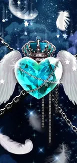 Blue gem heart with wings and chains on a starry night sky.