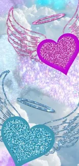 Glittery angel hearts with wings and clouds background.