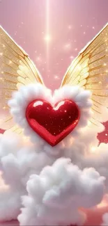 Red heart with golden wings in clouds on a pink background