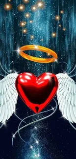 Angel heart wallpaper with wings, halo, and cosmic stars.