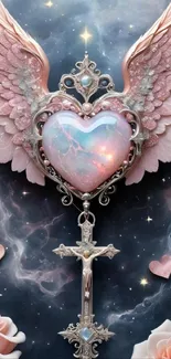 Mobile wallpaper featuring angel wings and a glowing heart with silver details.