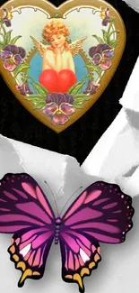 Golden heart with angel and purple butterfly mobile wallpaper.