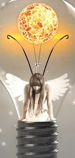 Imaginative angel inside a light bulb with sun detail.