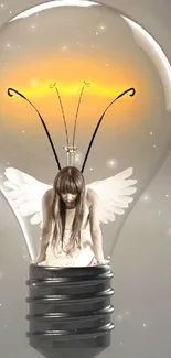 Angel encapsulated in a glowing lightbulb, with a gray and orange ambiance.