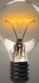 Angel inside a glowing lightbulb wallpaper with a dark background.