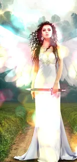 Angel in white dress with wings in a green field and stormy sky.