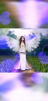 Ethereal angel with wings in a purple dreamscape meadow.