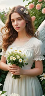 Angel in white, surrounded by flowers and wings, in lush garden.