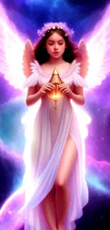 Ethereal angel with glowing wings in a cosmic purple setting.