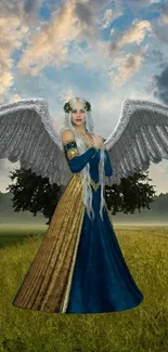 Angel with wings in a fantasy landscape background.