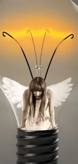 Mobile wallpaper with angel inside glowing light bulb.