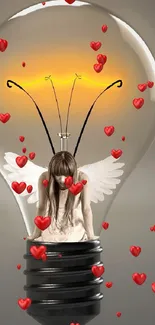 A creative wallpaper featuring an angel inside a lightbulb against a dark gray backdrop.