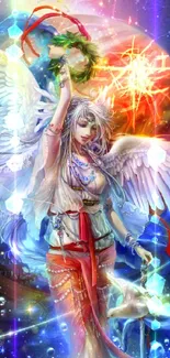 Mystical angel with wings in cosmic galaxy.