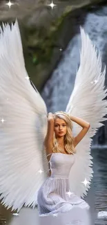 Angel with white wings by waterfall, mobile wallpaper.