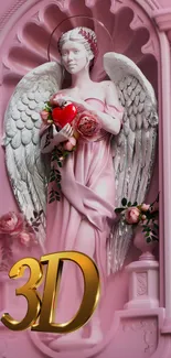 Angel in pink dress holding a red heart with roses on a decorative background.