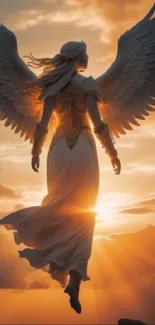 Ethereal angel silhouette at sunset with radiant wings and glowing sky.