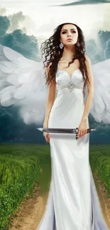 Angel in white dress with clouds and wings.