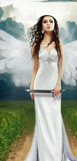 Ethereal angel with wings and sword, in a dramatic white dress.