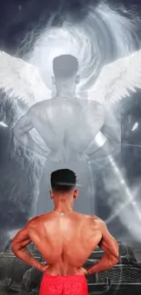 Mobile wallpaper with angel wings and muscular figure in dark gray theme.