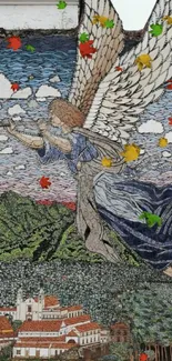 Mosaic art of an angel soaring above a scenic landscape.