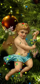 Angel amidst green festive branches with colorful confetti.