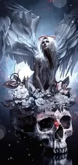 A mystical angel sits atop a skull in this dark fantasy wallpaper.