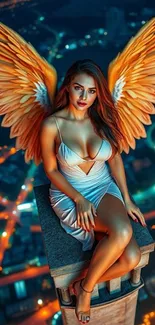 Angelic figure sitting on ledge with city background.