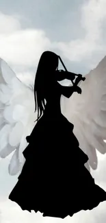 Silhouette of an angel playing violin in a cloudy sky.