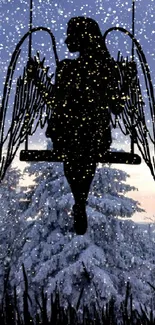 Silhouette of an angel on a swing in a snowy winter forest background.