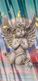 Praying angel statue with colorful aura and gold accents.