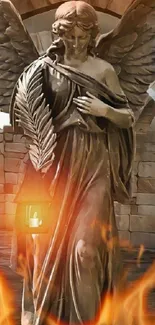 Statue of a serene angel enveloped in flames within a medieval stone archway.