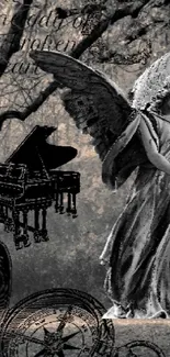 Artistic angel statue with piano and wings.