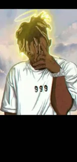 Artistic wallpaper featuring a person with a glowing halo and number 999 on the shirt.