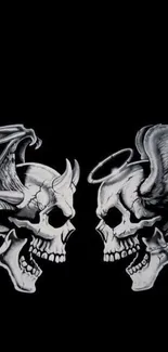 Angel and devil skulls on black background, symbolizing contrast and duality.