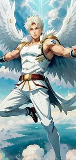 Anime angel warrior with wings in the sky wallpaper.