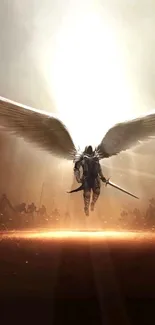 Majestic angel warrior with wings in radiant celestial battle scene.