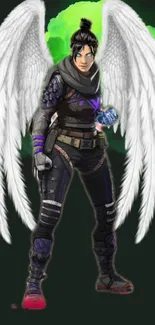 Fantasy character with wings on a bold, dark green background.