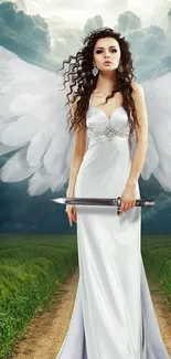 Angel warrior in white dress with wings and sword, over a cloudy landscape.