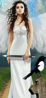 Angel warrior with wings holds a sword against a dramatic sky.