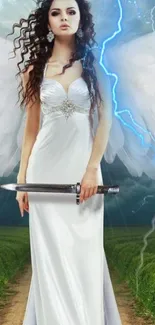 Angel with wings and sword in a stormy landscape.