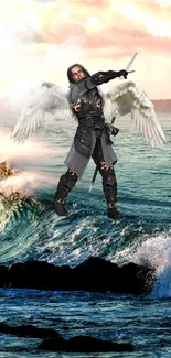 Angelic warrior with wings over ocean waves at sunset.