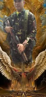 Angel soldier with wings and camouflage in artistic wallpaper.