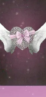 Heart with wings and pink bow on plum background wallpaper.